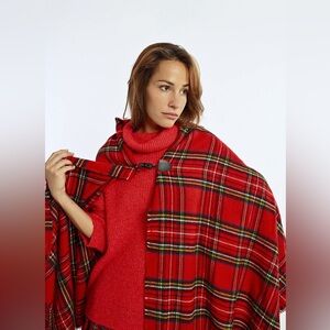 Cozy Red Tartan Plaid Hooded Cape for Fall